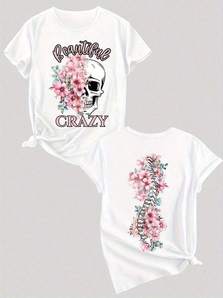 Una camiseta casual de mujer con cuello redondo y diseño de música country, que presenta un estampado de doble cara de una calavera rosa y la palabra 'CRAZY'. Tiene un corte holgado con mangas cortas, es lavable a máquina, adecuada para todas las estaciones y es un elemento de estilo. - Blanco - Ver 1