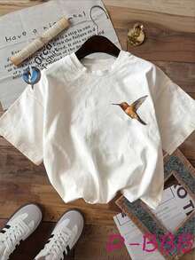 Camiseta de algodón puro de manga corta y cuello redondo con estampado floral vintage de rosas y colibríes en ambas caras - Estilo urbano vintage, unisex, holgada - Camiseta de algodón de manga corta y cuello redondo de corte relajado para mujer - Tops de verano inspirados en festivales - Blanco - Ver 4