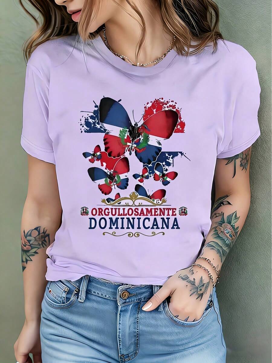 Women's Short Sleeve T-Shirt With Butterfly Print, A Patriotic Memorial Gift, A Birthday Gift - Spring/Summer Casual - Women's T-Shirt - 淺紫色 - 查看 1