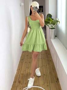 Vestido de punto con diseño de rayas y empalme para mujer, versátil y elegante para uso diario - Verde - Ver 7