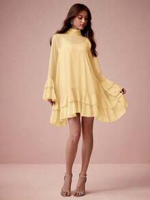 Vestido elegante de manga larga con cuello alto y diseño de capas en unicolor para mujer - Amarillo - Ver 7
