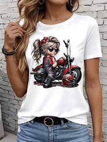 Camisetas de manga corta para mujer en blanco y negro son adecuadas para el ocio diario, el hogar y los viajes al aire libre. Camiseta con estampado de chica motociclista con motocicleta y overol de corazón, camiseta gráfica casual para mujer, top de moda, regalo para fiestas y vacaciones. - Blanco - Ver 7