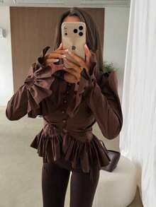 Camisa para mujer 2026 verano nuevo, moderna con botones, volantes, estilo suave y elegante - marrón café - Ver 1