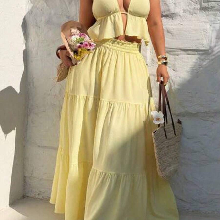 SunnyBelle 2pcs Solid Color Sexy Minimalist Vacation Style Halter Neck Loose Long Skirt Set, Elegant Beach Skirt Set Butter Yellow Two Piece Set Vacation Outfits Woman Skirt Set Maxi Skirt Two Piece Set Summer Skirt And Top Set - Amarillo - Ver 1