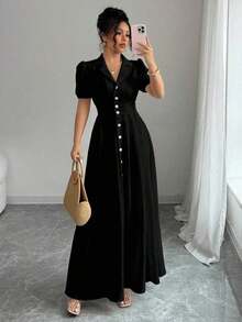 Vestido elegante de mujer de unicolor con cuello de solapa y mangas abullonadas - Negro - Ver 1