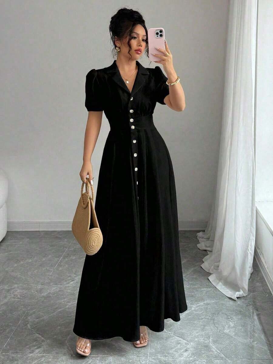 Vestido elegante de mujer de unicolor con cuello de solapa y mangas abullonadas - Negro - Ver 1