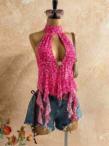 Blusa de mujer con encaje bordado, escote halter, espalda descubierta, tirantes con lazo, bajo fluido y elegante, adecuada para la playa, cruceros y resorts - Rosa Fucsia - Ver 8
