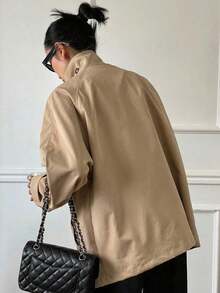 Chaqueta cortavientos de unicolor elegante y de moda para mujer, abrigo de mujer de corte regular de un solo pecho - Caqui - Ver 5