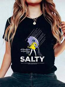 1 pieza de camiseta de cuello redondo de algodón, modelo Salty Sprinkle, para mujer, de verano, suave, de manga corta, 180g, 100% algodón. - Negro - Ver 1
