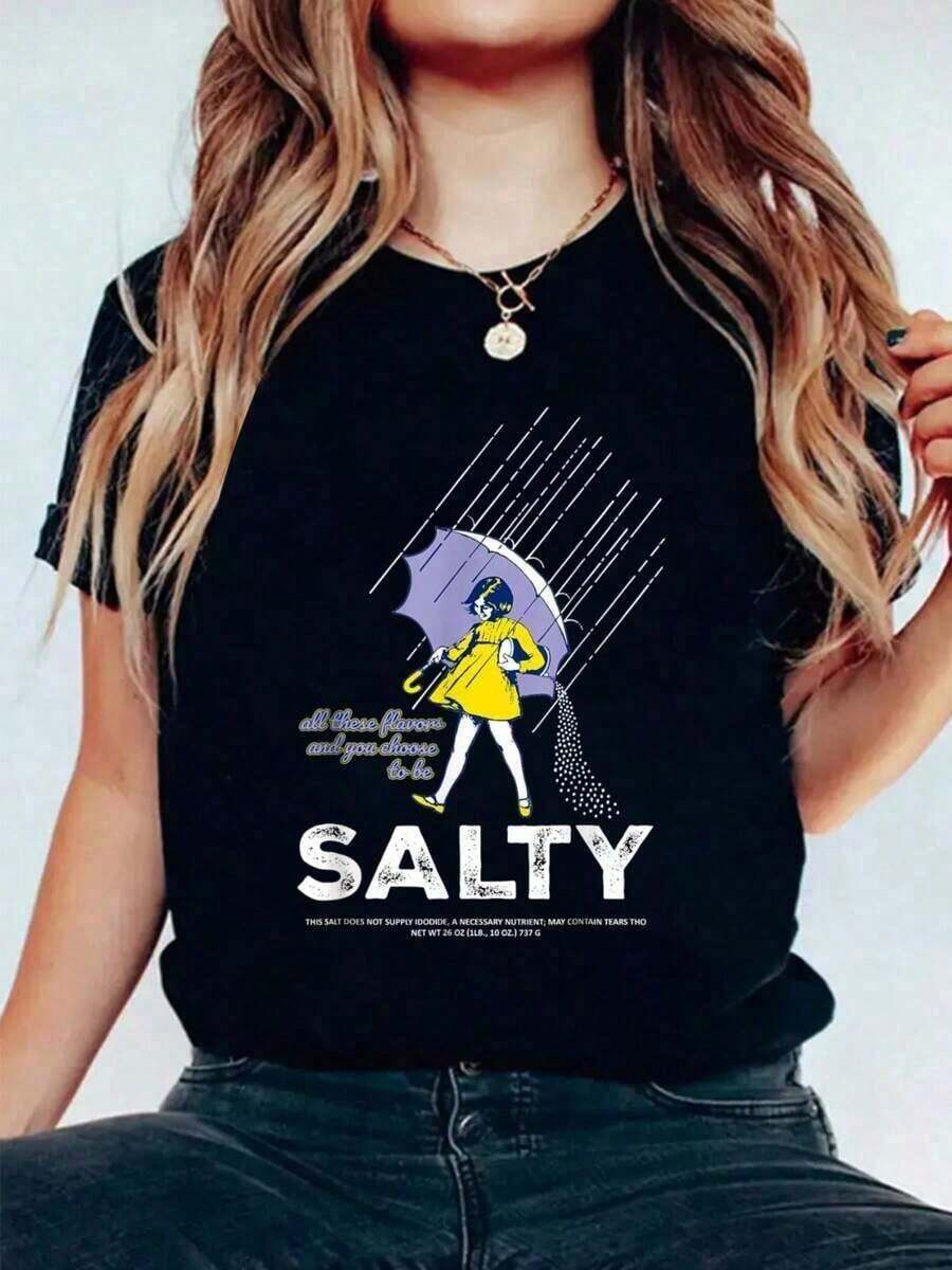 1 pieza de camiseta de cuello redondo de algodón, modelo Salty Sprinkle, para mujer, de verano, suave, de manga corta, 180g, 100% algodón. - Negro - Ver 1