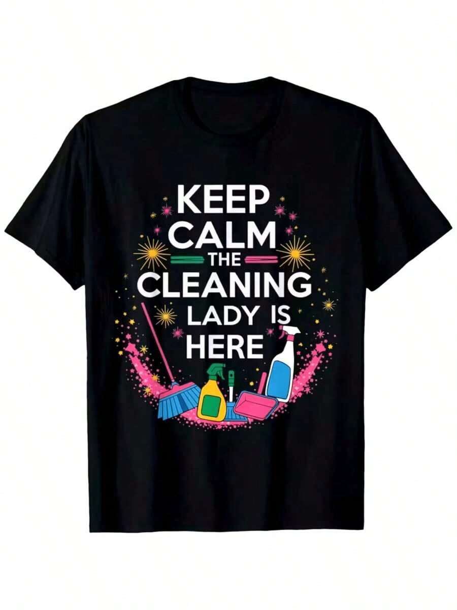 1 pieza de camiseta gráfica de verano con diseño de una señora limpiadora - un diseño humorístico para productos de limpieza, perfecto para empleadas domésticas, conserjes y personal de limpieza. Verano, 180g, 100% algodón. - Negro - Ver 1