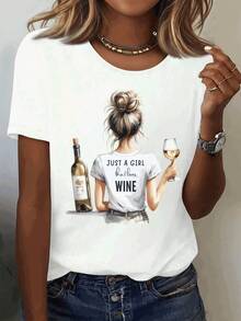 Women's Wine-Themed T-Shirt / Soft, Stretchy Crew Neck Short-Sleeved Top With A Wine Bottle And Mug Design / Lightweight, Casual Everyday Shirt, Suitable For Brunch And Date Nights / Machine-Washable White Top, Weekend Style, Relaxed Fit - White - View 11