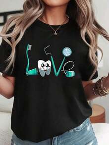 A Women's Short-Sleeved Crew Neck T-Shirt With A Creative Print Of Dental Tools And Teeth, Perfect For Casual Outings And As A Holiday Gift. A Lightweight, Stretchy, Short-Sleeved Floral Print T-Shirt For Women With A Crew Neck, Ideal For Outdoor Activities And Streetwear. - 黑色 - 查看 1