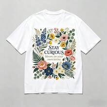 Playera Blanca con Frase Inspiradora "Stay Curious", Camiseta Holgada con Estampado de Flores, Estilo Aesthetic y Boho para Primavera/Verano.manga corta de algodón - Blanco - Ver 4