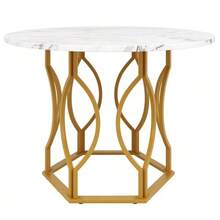 Dining Table Set (5 Pieces), Dining Table Set With 4 Chairs, Kitchen Table Set, 100cm Diameter Round Dining Table With Gold Metal Legs, White MDF Tabletop, Dark Green Velvet Dining Chairs - Multicolor - View 5