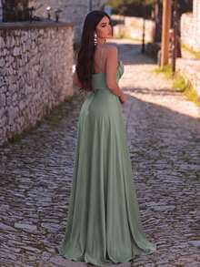 Vestido de satén con abertura en el muslo y cuello drapeado, elegante vestido de dama de honor - verde menta - Ver 2