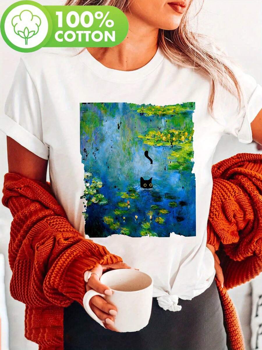 Camiseta estampada con pintura de Nenufares de y Gato Negro en Y, top casual de manga corta y cuello redondo, ideal para verano y primavera, ropa de mujer - Blanco - Ver 1
