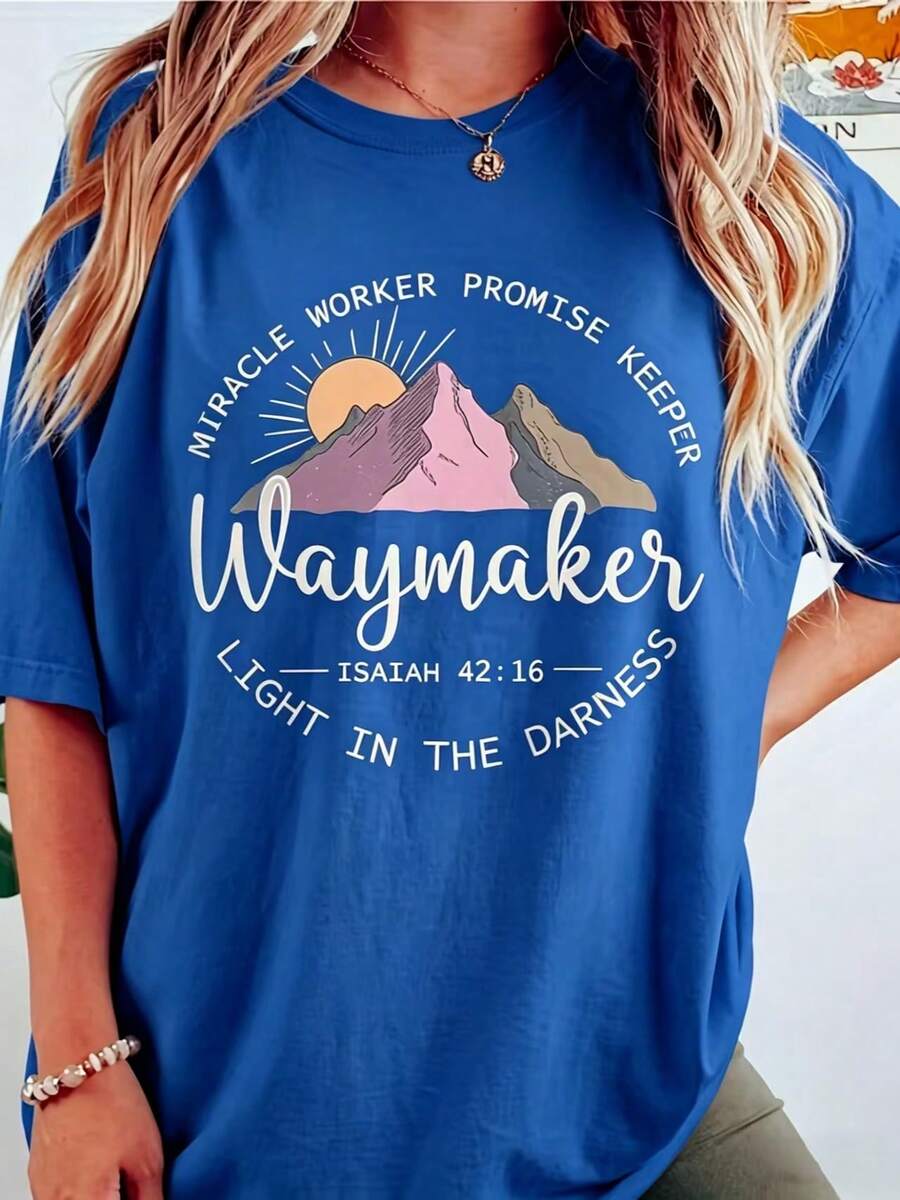Women's Waymaker Christian Faith T-Shirt - Miracle Worker Promise Keeper Short Sleeve Round Neck Casual Church Wear With Jesus Name & Religious M - 藍色 - 查看 1