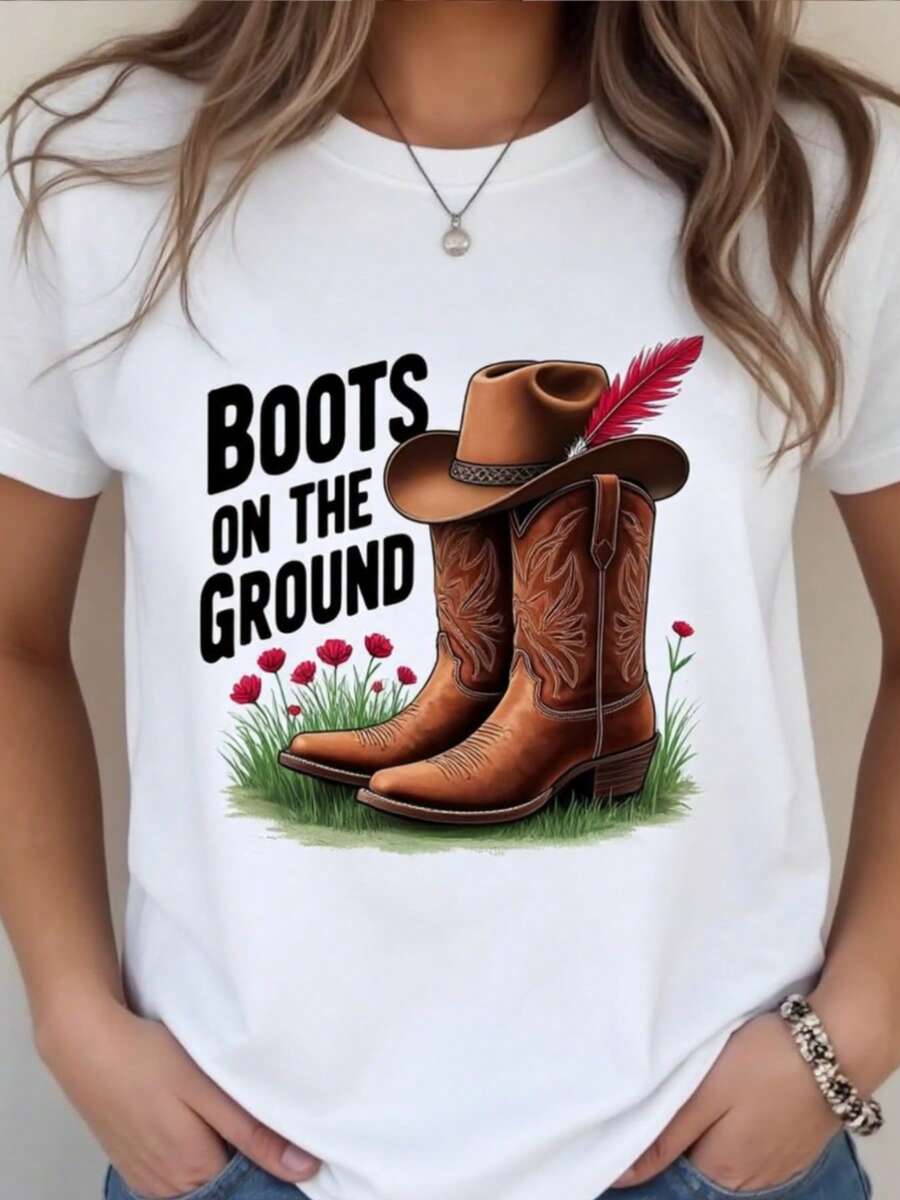 Women's Western Cowgirl T-Shirt - Cowgirl Boots, Hat And Cactus Floral Print With "Boots On The Ground" Slogan - Breathable Short Sleeve Summer Top For Country Music Festivals, Rodeo And Casual Wear (White) - 白色 - 查看 1