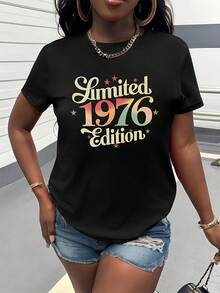 Camiseta de manga corta para mujer, edición limitada de 1976, con estampado degradado vintage - Top casual con cuello redondo y adornos de estrellas, lavable a máquina, elegante y versátil para uso diario y de fiesta, un regalo de cumpleaños para tu novia, camisa de mujer con estampado moderno, ropa para todas las estaciones. - Negro - Ver 6