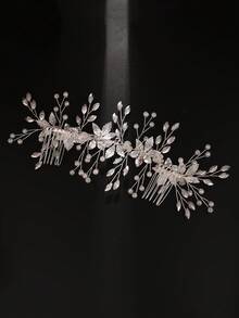 1pc Flower & Leaf Decor Crystal Hair Comb,Festival,Birthday - Silver - View 5