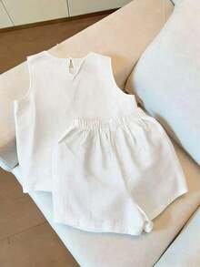 Conjunto de top de tirantes y shorts con bordado floral diminuto - Blanco - Ver 2