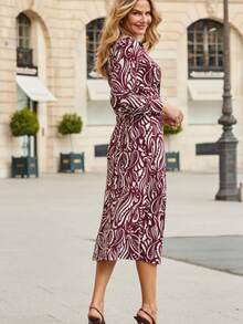 Women's Long-Sleeved Maxi Dress, Autumn-Winter, Printed, Button-Down With Knot/Twist Design, Slim And Flattering Fit, Casual And Elegant Style, Perfect For Day And Night - 酒紅色 - 查看 6