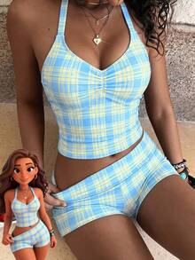 Bộ đồ bơi Tankini nữ, áo croptop hai dây phối quần short, trang phục đi biển thời trang phù hợp cho hồ bơi, thể thao, kỳ nghỉ, bãi biển mùa hè. - Màu xanh nhạt - Xem 2