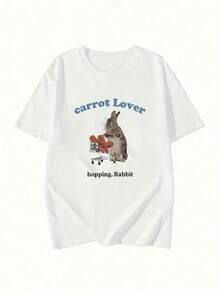 Camiseta de Manga Corta con Estampado de Conejo y Letras Azules Estilo Y2K, Nueva Moda de Verano para Mujer, Versátil, Holgada, Cuello Redondo, Top Y2K de Algodón Puro - Blanco - Ver 3