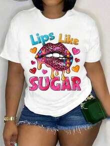 Women's Vintage Lip Graphic T-Shirt, Lightweight Cotton Summer Top, Lips Like Sugar Bold Print With Leopard & Heart Accents, Navy Blue Casual Short Sleeve Top For Spring/Summer, Machine Washable, Playful Text Design, Oversized Women's Printed T-Shirt, 100% Pure Cotton - 白色 - 查看 1