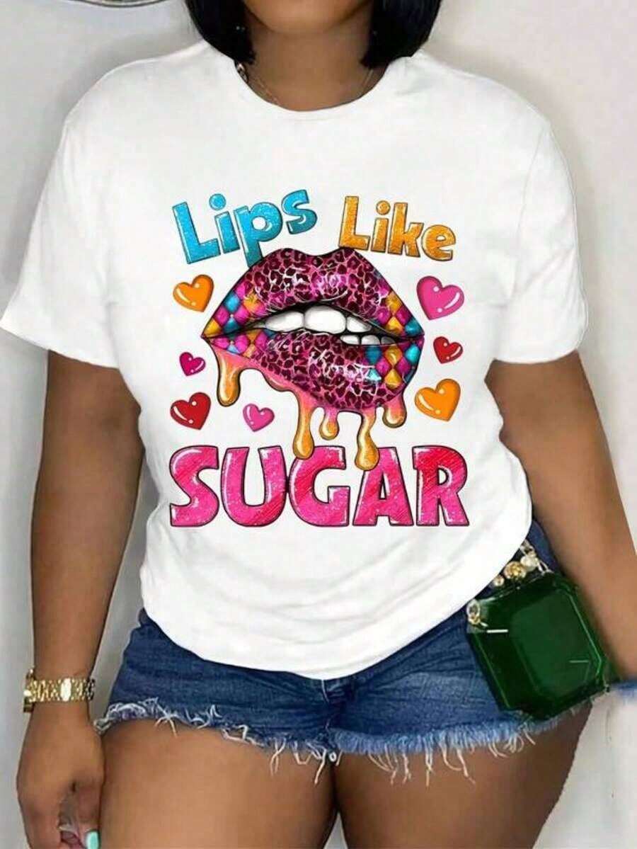 Women's Vintage Lip Graphic T-Shirt, Lightweight Cotton Summer Top, Lips Like Sugar Bold Print With Leopard & Heart Accents, Navy Blue Casual Short Sleeve Top For Spring/Summer, Machine Washable, Playful Text Design, Oversized Women's Printed T-Shirt, 100% Pure Cotton - 白色 - 查看 1