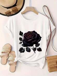 Camiseta Casual de Manga Corta para Mujer - Diseño de Rosa con Hojas y Capullo, Cuello Redondo, Top de Verano, Lavable a Máquina, Camisetas para Damas, Ropa Casual, Estilo Moderno, Ajuste Cómodo  
 -Blanco - Blanco - Ver 2