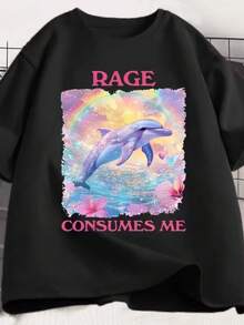 Camiseta con Estampado Gráfico de Delfines y Arcoíris - Cuello Redondo Casual, Manga Corta, Corte Regular para Mujer - Camiseta Vibrante de Verano con Diseño "La Furia Me Devora", Camiseta para Todas las Temporadas|Diseño Divertido|Camiseta de tela de poliéster estilo Y2k - Negro - Ver 1
