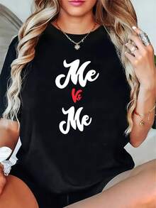 Camiseta 100% algodón con estampado de letras "ME VS ME" para uso en casa, informal, a la moda, versátil, para ir al trabajo, hacer deporte y uso diario. Camiseta cómoda, de algodón puro y de peso pesado. - Negro - Ver 1