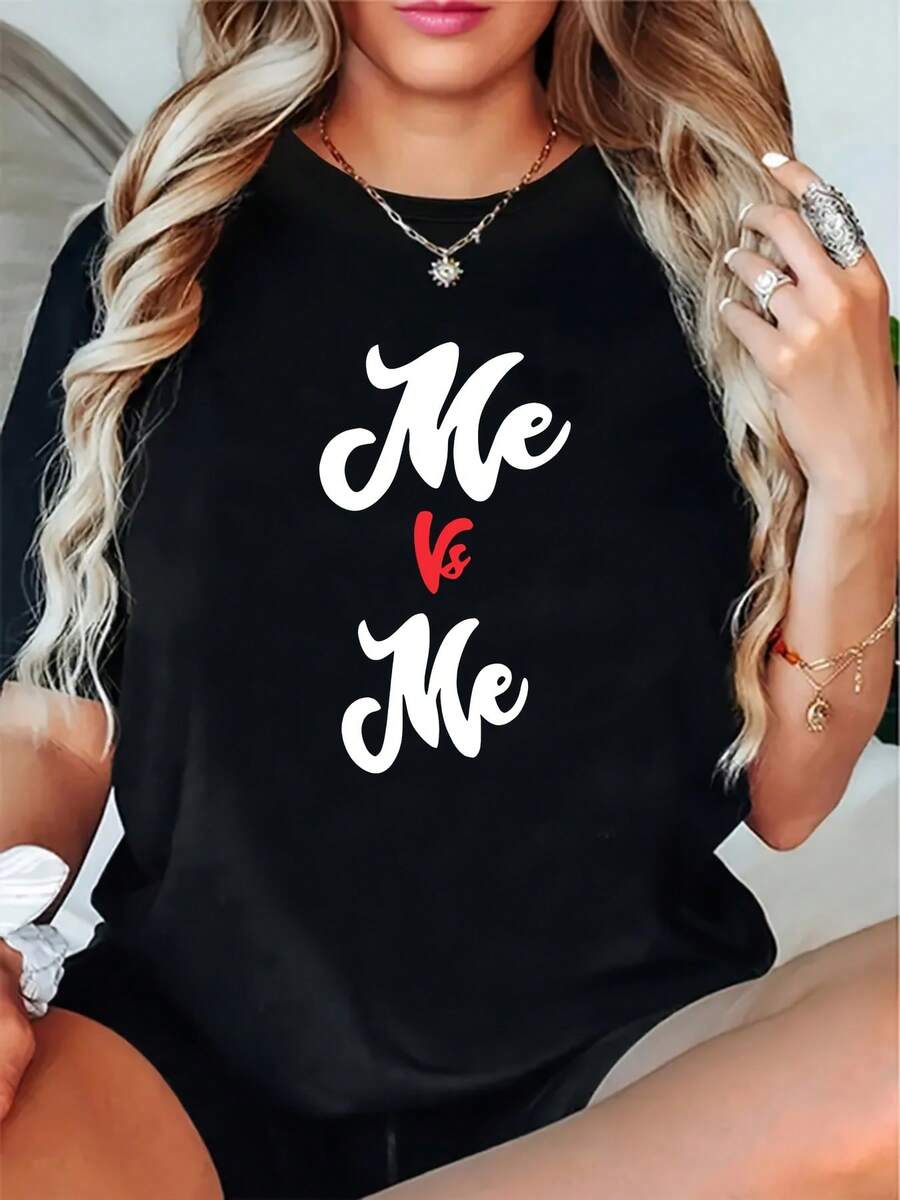 Camiseta 100% algodón con estampado de letras "ME VS ME" para uso en casa, informal, a la moda, versátil, para ir al trabajo, hacer deporte y uso diario. Camiseta cómoda, de algodón puro y de peso pesado. - Negro - Ver 1