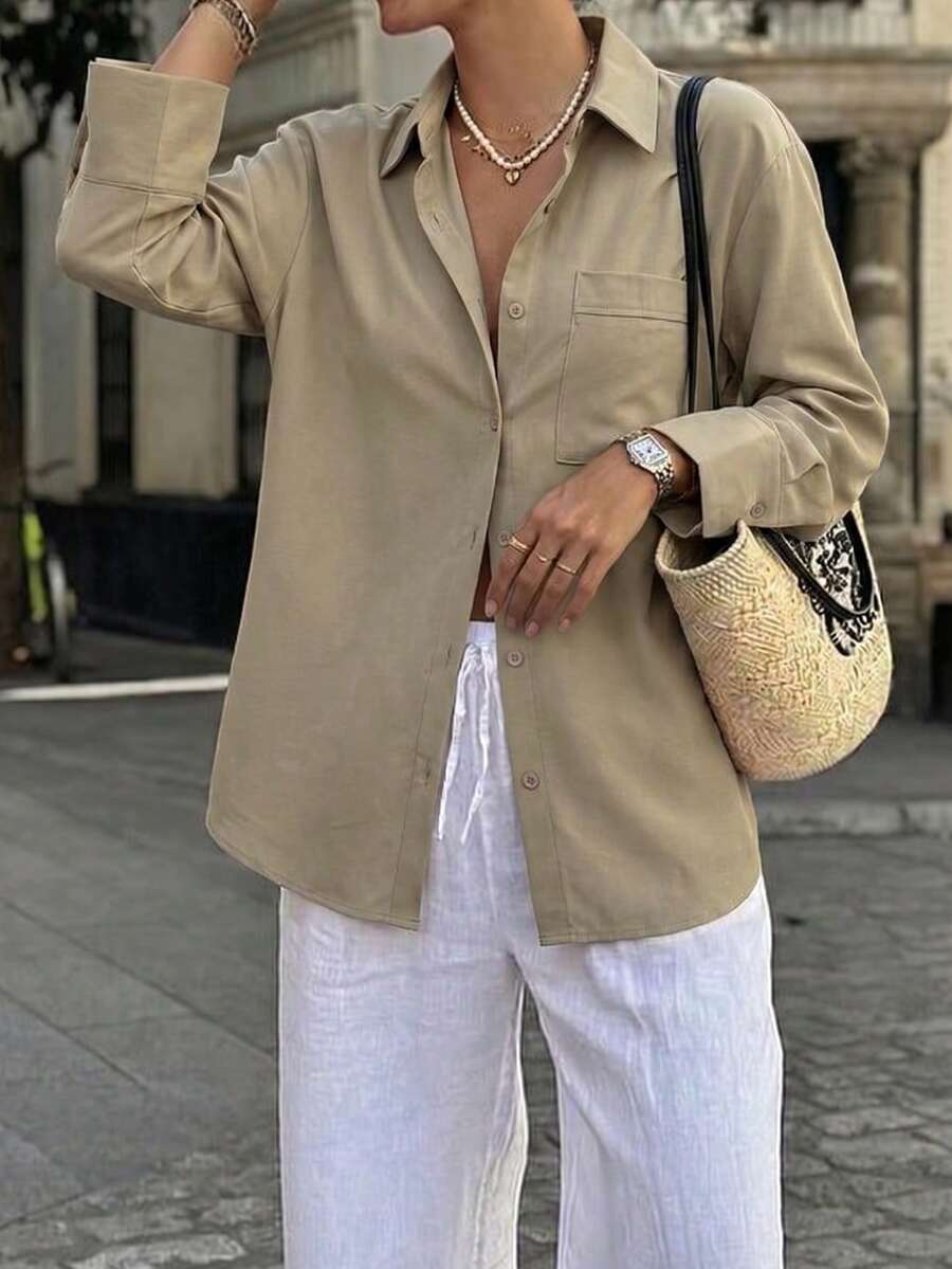 Áo sơ mi nữ Look Polly màu nâu, tay dài, dáng rộng, cài cúc, phù hợp cho công sở, đi làm, hẹn hò, và mặc thường ngày cuối tuần. - Lạc đà - Xem 1