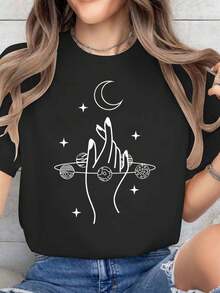 Women's Moon And Star Print T-Shirt - Short Sleeve, Round Neck, Casual Summer Top With Starry Sky Design, Regular Fit With Flared Hem, Suitable For Everyday Wear, Machine Washable Starry Sky Themed T-Shirt. C4OY - 黑色 - 查看 1