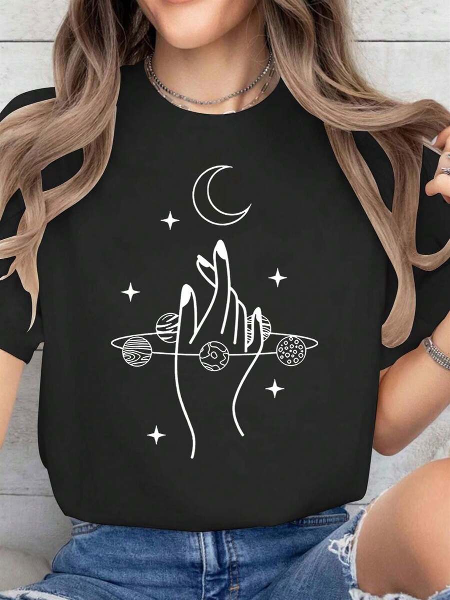 Women's Moon And Star Print T-Shirt - Short Sleeve, Round Neck, Casual Summer Top With Starry Sky Design, Regular Fit With Flared Hem, Suitable For Everyday Wear, Machine Washable Starry Sky Themed T-Shirt. C4OY - 黑色 - 查看 1