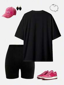 Conjunto de camiseta y pantalones cortos de ciclista con estampado gráfico de número 13 y eslogan, de moda casual para mujer - Multicolor 2 - Ver 2