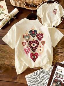 Camiseta de verano para mujer con cuello redondo, mangas cortas, elástica, con estampado de corazón y ojo, estilo casual y a la moda. - Albaricoque - Ver 5