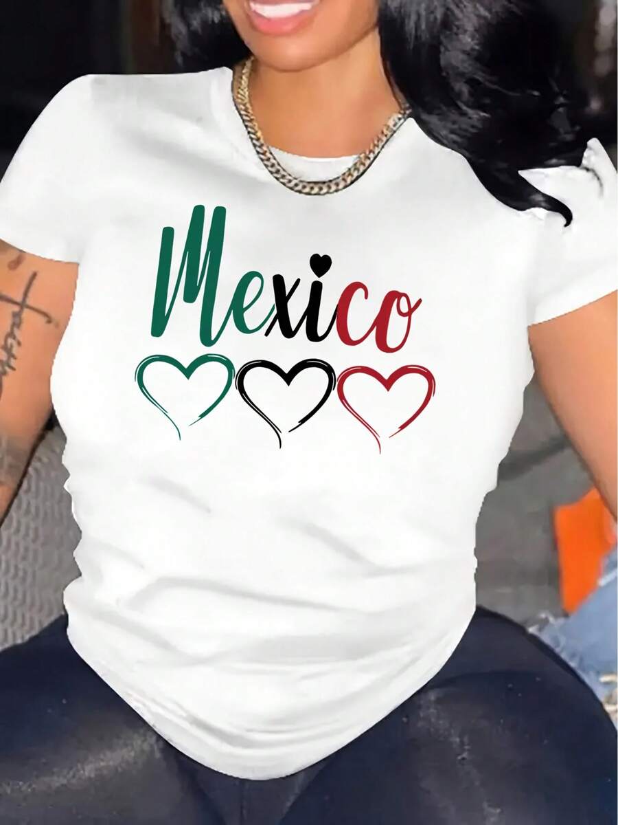 Regalo [Camiseta de Manga Corta para Mujer] Camiseta de Manga Corta para Mujer con Estampado Vibrante y Moderno - Diseño de Corazón Estilo Mexicano, Mezcla de Poliéster, Fácil de Lavar a Máquina, Top Casual de Cuello Redondo Perfecto, Adecuado para Todas las Temporadas, Múltiples Colores y Tallas Disponibles, Elegante para Eventos Sociales, Suave - Blanco - Ver 1