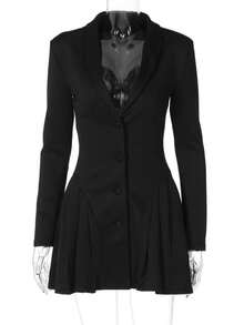 Vestido corto elegante con cuello de blazer y escote profundo color liso - Negro - View 7