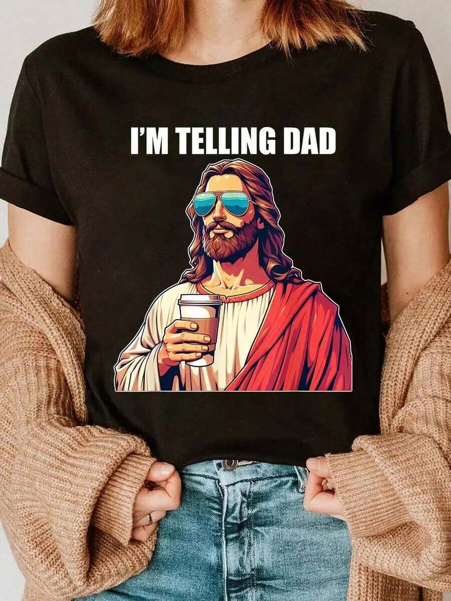 Women's Vintage Urban Style T-Shirt, 100% Cotton, With "I'm Telling Dad" Print, Funny, Religious, Christian, With Jesus Meme, Summer T-Shirt For Men And Women, Comfortable, Soft, With Crew Neck, 100% Cotton, Breathable - 黑色 - 查看 1