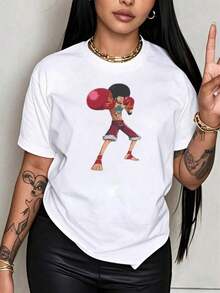 Under The Radar Crew Neck Funny Print One Piece Franky Boxing T-Shirt, Unisex, Black, Graphic Print, Anime Style, Streetwear, Fashionable Unisex Top, Suitable For Holiday Gifts - Unisex Vintage Street Style Loose Fit Cotton Short Sleeve Crew Neck T-Shirt. - 白色 - 查看 6