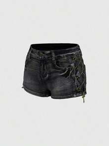 ROMWE Avant Shorts mini de cintura baja con detalles de cruz de metal envejecido y lavado vintage - Negro - Ver 6