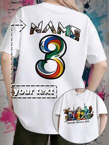 Custom Short-Sleeved Youth T-Shirt For The 2026 World Cup, Featuring Cultural Elements From The Three North American Countries For 2026, A Rainbow Gradient Print With The Number 3 And A Monument Design, Suitable For Cheering On Matches And For Everyday Street Wear. - 白色 - 查看 2