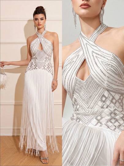 Elegant Women's Sleeveless Backless Long Formal Dress, Decorated With Beaded And Tassel Details, Woven Fabric Party Wedding