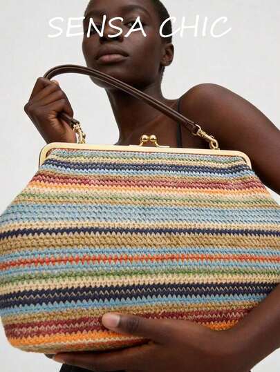 Borsa a tracolla casual in tessuto intrecciato a righe multicolore, con chiusura a scatto in metallo dorato, tracolla in PU, adatta per studenti e donne professioniste. Perfetta per vacanze al mare, picnic, viaggi all'aperto, feste casual e weekend.