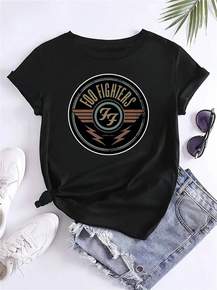 Women's Vintage Rock Band Graphic T-Shirt - Inspired Logo Print Tee - Casual Black Tee For Everyday Wear - Birthday Or Concert Gift For Music Fans - Comfortable Fit For All Seasons, Rock Band Tees, Music Fan Apparel, Machine Washable T-Shirt Y2k - 白色 - 查看 1