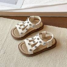 1 đôi sandal kiểu La Mã đính đá cho bé gái, giày công chúa dễ thương cho trẻ em, sandal đế mềm chống trượt cho bé gái, sandal mùa hè - Màu be - Xem 5